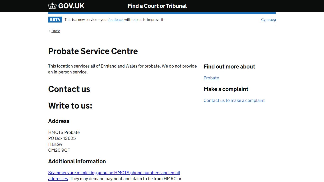 Probate Service Centre - Find a Court or Tribunal - GOV.UK